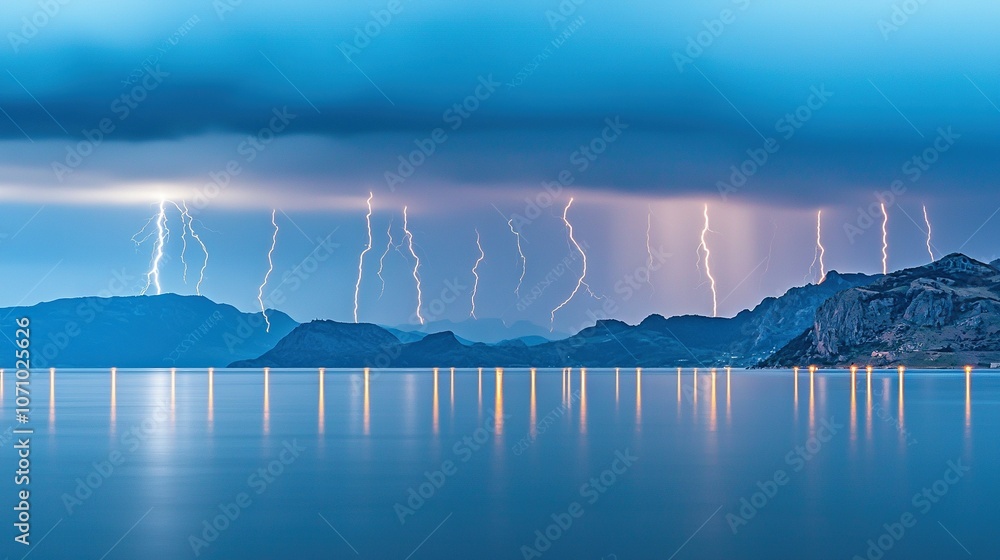 Large water with mountains and lightning Large water with mountains and lightning
