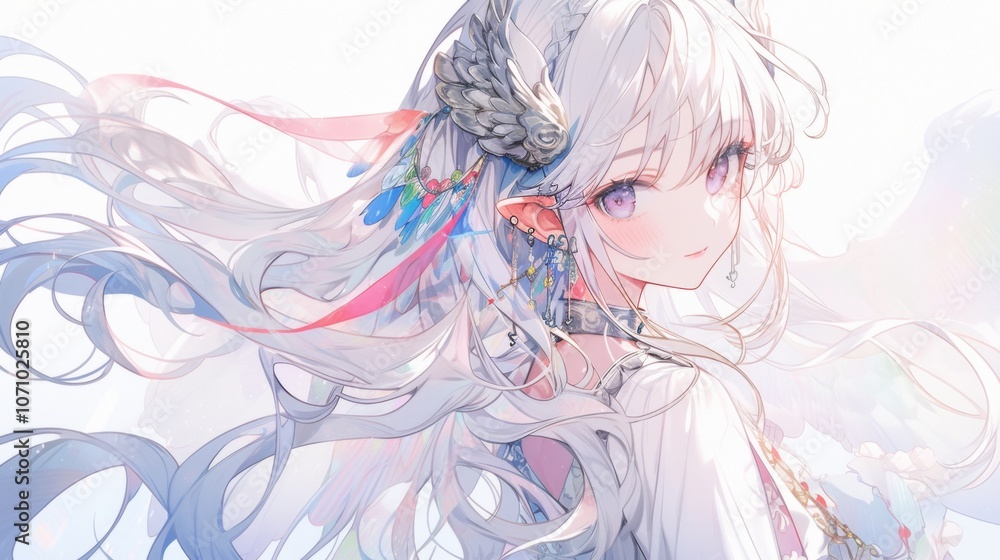 Elegant anime girl with long silver hair styled in curls, dressed in white attire adorned with pink and blue ribbons Elegant anime girl with long silver hair styled in curls, dressed in white attire adorned with pink and blue ribbons