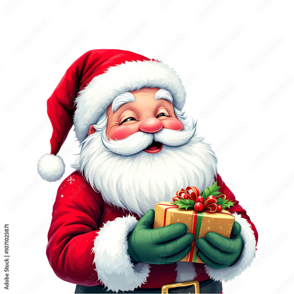 Santa Claus is joyfully holding a wrapped gift with a festive bow, Santa Claus is joyfully holding a wrapped gift with a festive bow,