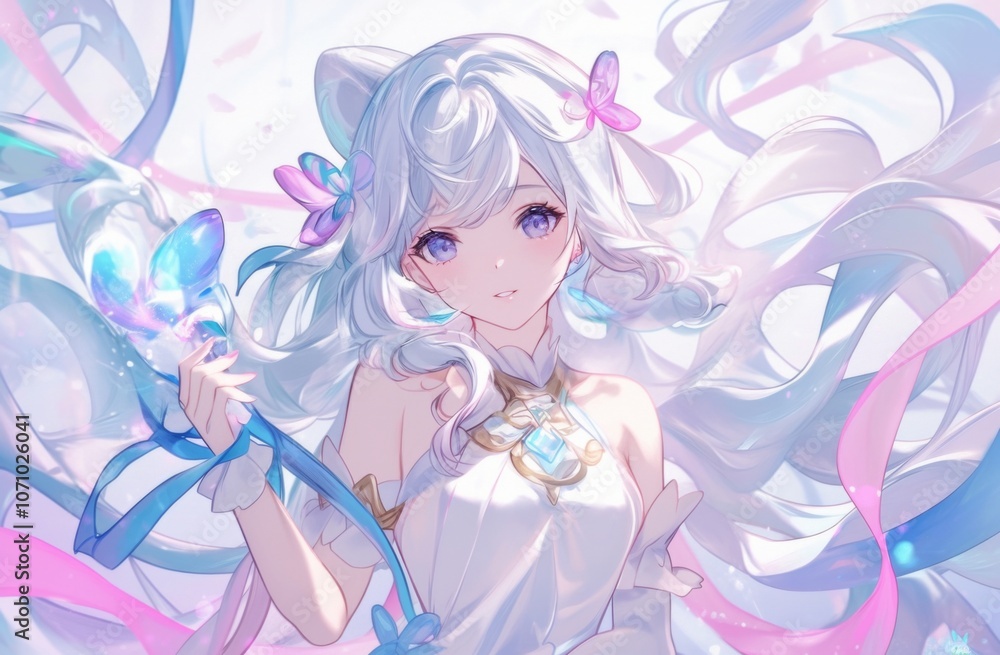 Elegant anime girl with long silver hair styled in curls, dressed in white attire adorned with pink and blue ribbons Elegant anime girl with long silver hair styled in curls, dressed in white attire adorned with pink and blue ribbons