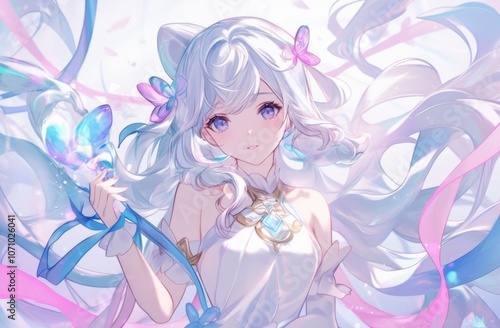 Elegant anime girl with long silver hair styled in curls, dressed in white attire adorned with pink and blue ribbons