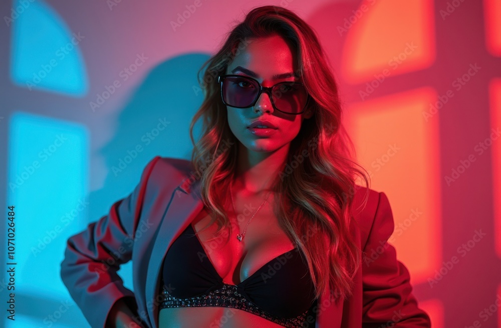 A stylish model poses confidently in a colorful set with blue and red lighting, showcasing modern fashion in an artistic urban space A stylish model poses confidently in a colorful set with blue and red lighting, showcasing modern fashion in an artistic urban space