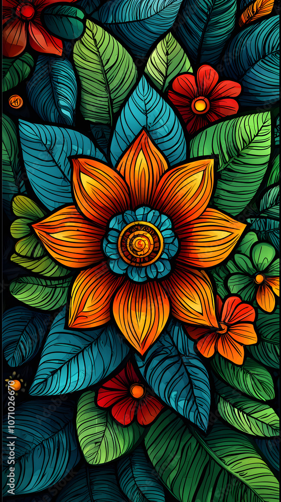 Vibrant Floral Wallpaper Design with Exotic Leaves and Hand-Drawn Flowers Vibrant Floral Wallpaper Design with Exotic Leaves and Hand-Drawn Flowers