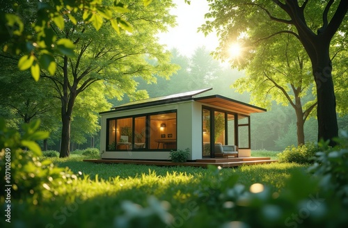 A modern house surrounded by trees in a sunlit forest during the early morning