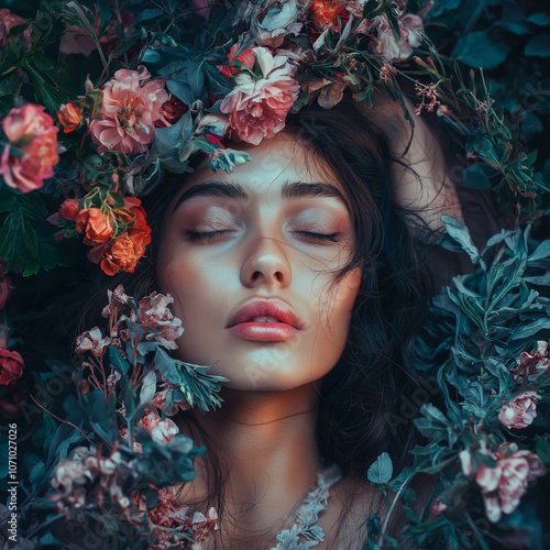 A serene woman with closed eyes lies amidst vibrant flowers, embraced by nature, representing tranquility and beauty. photo