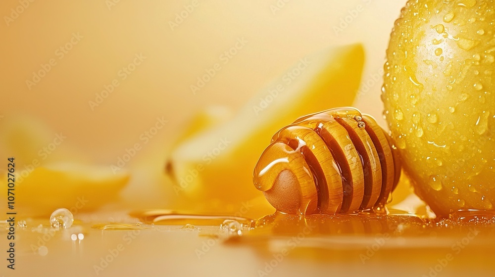A close-up of a honeybee collecting nectar from a flower, surrounded by a group of ripe bananas A small droplet of water is visible on the wooden floor A close-up of a honeybee collecting nectar from a flower, surrounded by a group of ripe bananas A small droplet of water is visible on the wooden floor