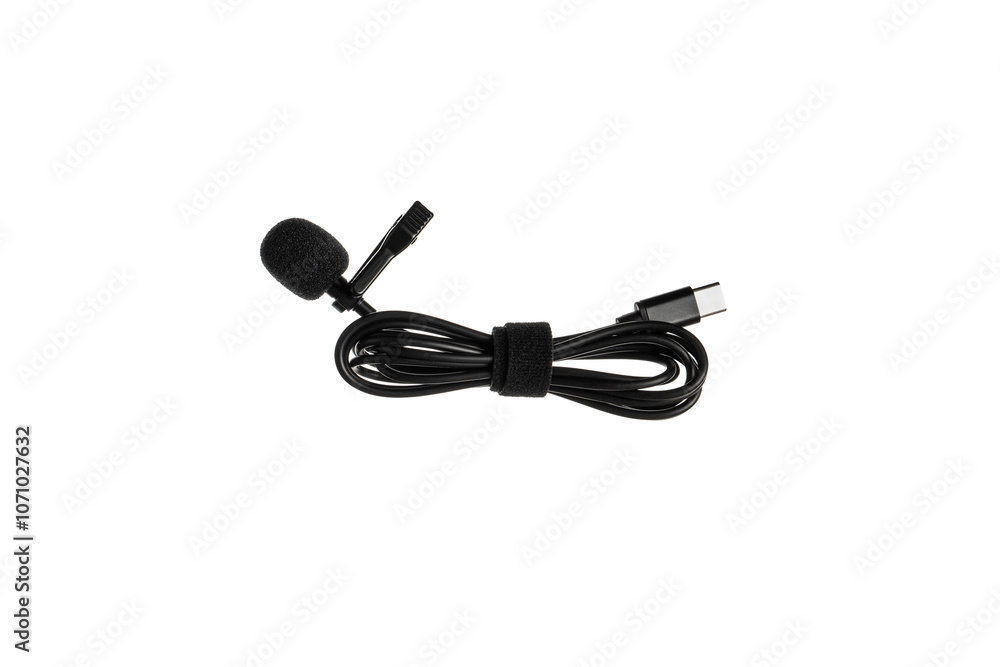 A black lavalier microphone with a foam windscreen and a USB-C connector, neatly coiled with a Velcro strap, isolated on a white back A black lavalier microphone with a foam windscreen and a USB-C connector, neatly coiled with a Velcro strap, isolated on a white back