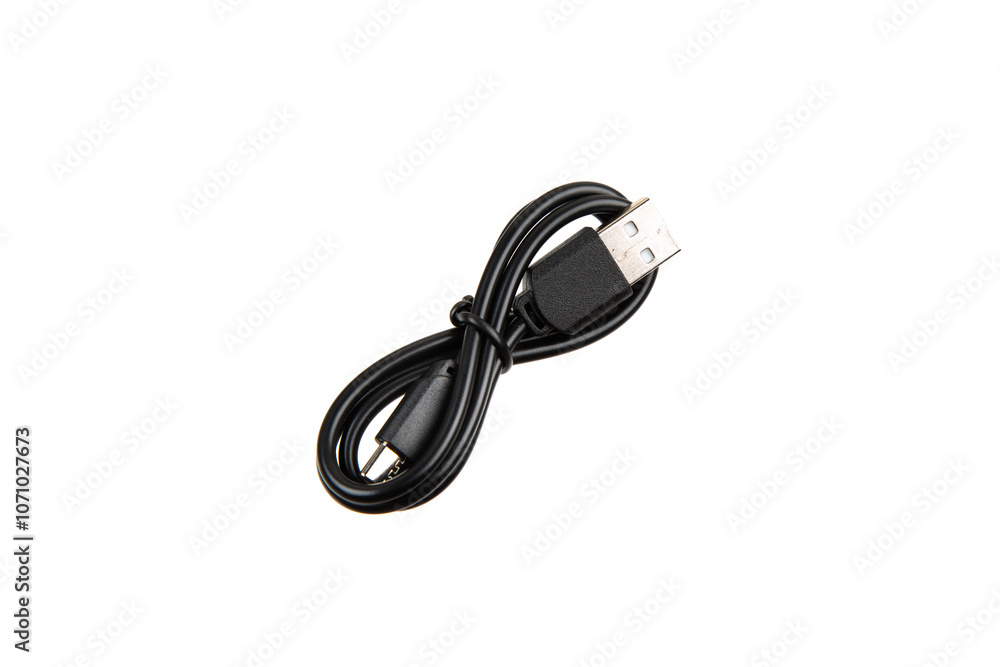 Black USB cable with two connectors, neatly coiled and secured with a strap, isolated on a white background. Black USB cable with two connectors, neatly coiled and secured with a strap, isolated on a white background.
