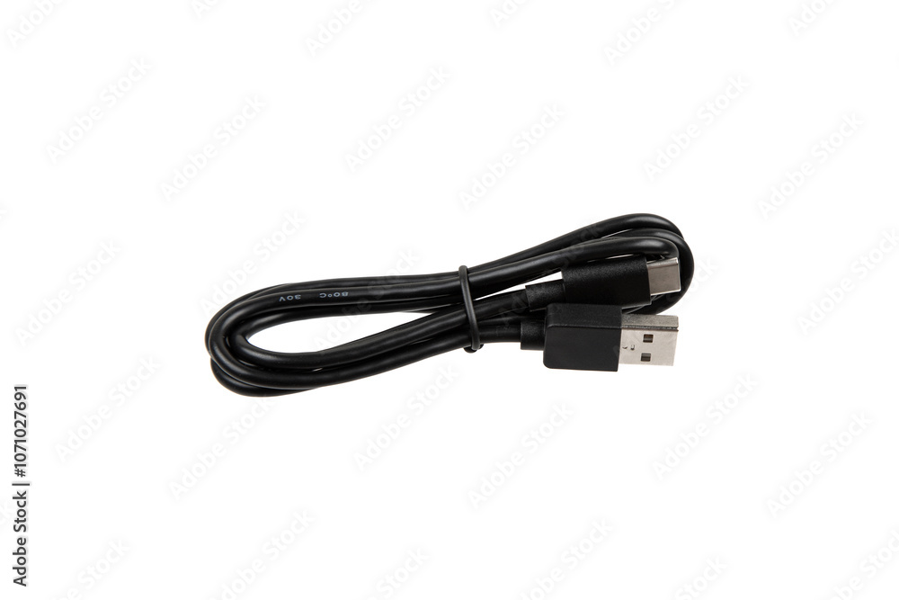 Black USB cable with two connectors, neatly coiled and secured with a strap, isolated on a white background. Black USB cable with two connectors, neatly coiled and secured with a strap, isolated on a white background.