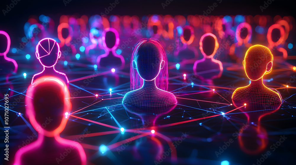 Futuristic Digital Community Connection with Colorful Avatars and Glowing Neon Silhouettes Futuristic Digital Community Connection with Colorful Avatars and Glowing Neon Silhouettes