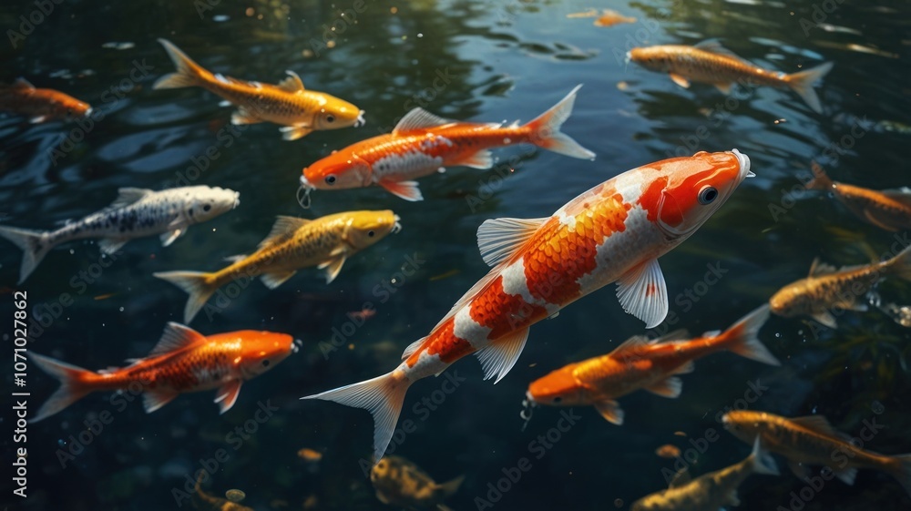a vibrant and colorful school of koi fish swimming gracefully in a clear aquarium. a vibrant and colorful school of koi fish swimming gracefully in a clear aquarium.