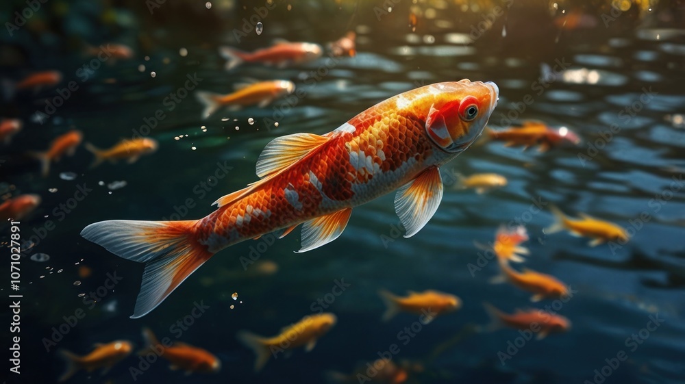 a vibrant and colorful school of koi fish swimming gracefully in a clear aquarium. a vibrant and colorful school of koi fish swimming gracefully in a clear aquarium.
