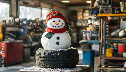 Tire snowman as a holiday decoration at an auto repair shop