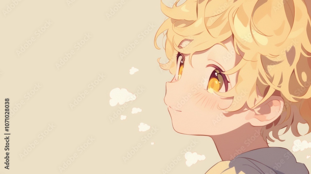 Cute chibi anime character with blonde hair and yellow eyes, smiling cheerfully, set against a light yellow background with small white clouds in their golden curly hair Cute chibi anime character with blonde hair and yellow eyes, smiling cheerfully, set against a light yellow background with small white clouds in their golden curly hair