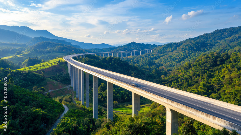 Modern Highway Bridge Over Lush Green Valley and Rolling Hills Modern Highway Bridge Over Lush Green Valley and Rolling Hills