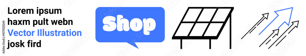 Shop text in a chat bubble, solar panel graphic, upward arrows. Ideal for online shopping, sustainability, renewable energy, marketing, and growth promotion. Banner landing page Shop text in a chat bubble, solar panel graphic, upward arrows. Ideal for online shopping, sustainability, renewable energy, marketing, and growth promotion. Banner landing page