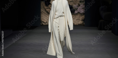 A runway model walks with confidence in a chic off-white ensemble, blending comfort and style in knit textures and tailored silhouettes for a refined look