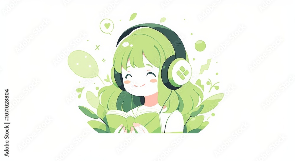 A cute girl wearing headphones and holding a tablet, illustrated in a flat style with a light green and white color scheme A cute girl wearing headphones and holding a tablet, illustrated in a flat style with a light green and white color scheme