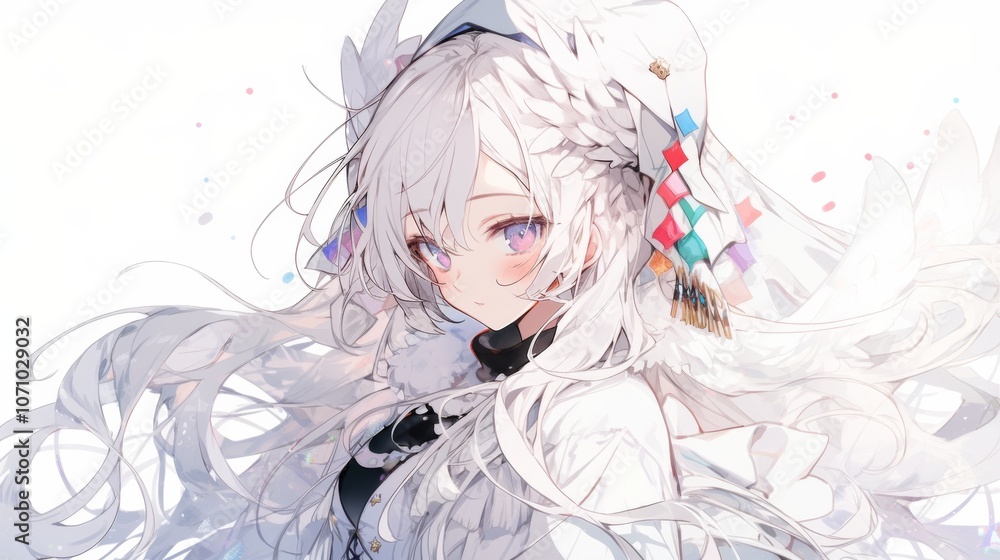 Anime-inspired illustration of a cute girl with long silver hair, wearing an exquisite white coat adorned with colorful ribbons and lace details. Anime-inspired illustration of a cute girl with long silver hair, wearing an exquisite white coat adorned with colorful ribbons and lace details.