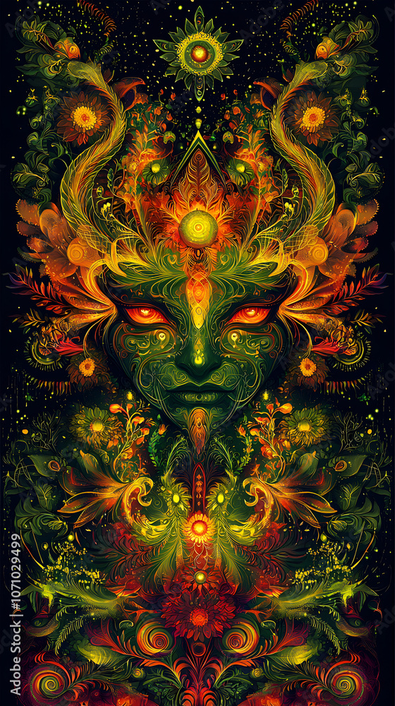 Mystical Green Fantasy Portrait of a Nature Goddess with Vibrant Colors and Intricate Botanical Elements Mystical Green Fantasy Portrait of a Nature Goddess with Vibrant Colors and Intricate Botanical Elements