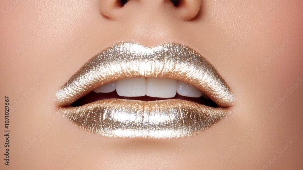 Obraz premium Close up of female mouth with gold lipstick and white teeth. Concept of fashion and beauty.