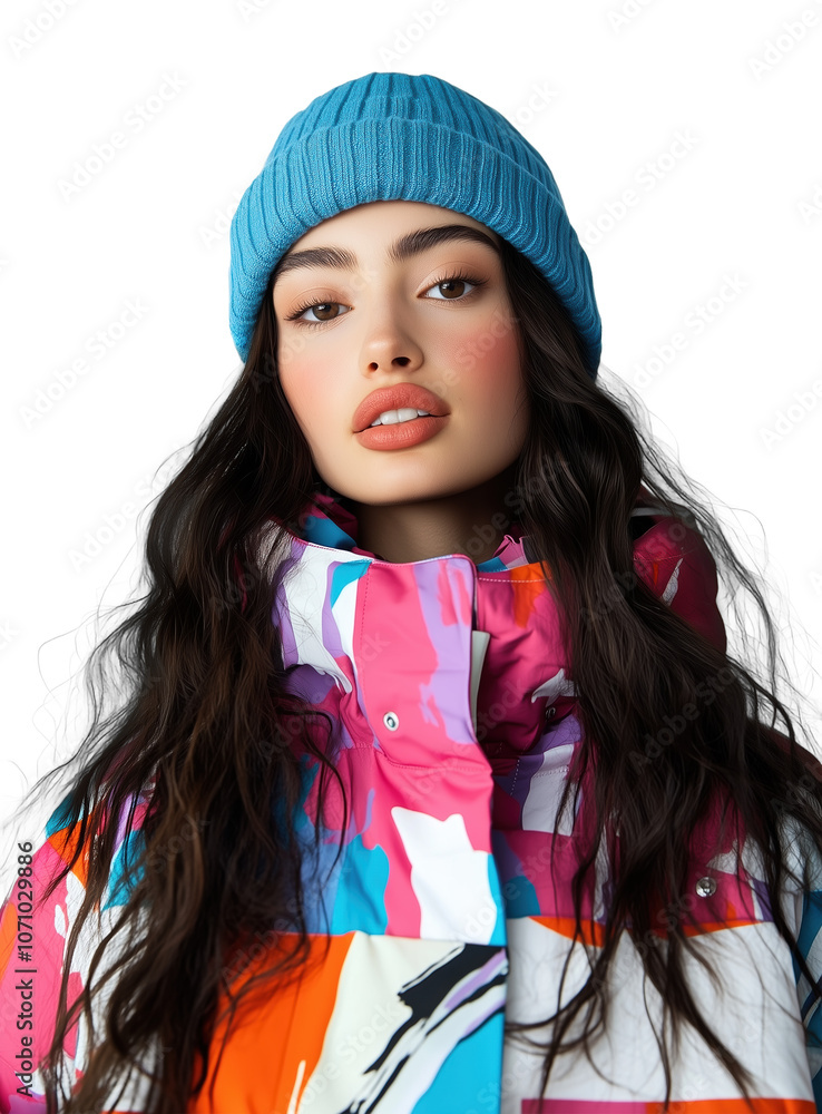 Stylish woman in a colorful winter jacket and blue beanie on a light backdrop Stylish woman in a colorful winter jacket and blue beanie on a light backdrop