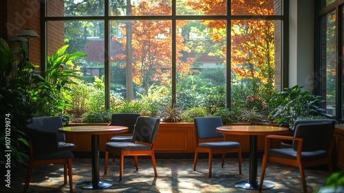 A welcoming seating area features wooden tables and chairs arranged near large windows, showcasing a beautiful autumn landscape filled with colorful foliage.