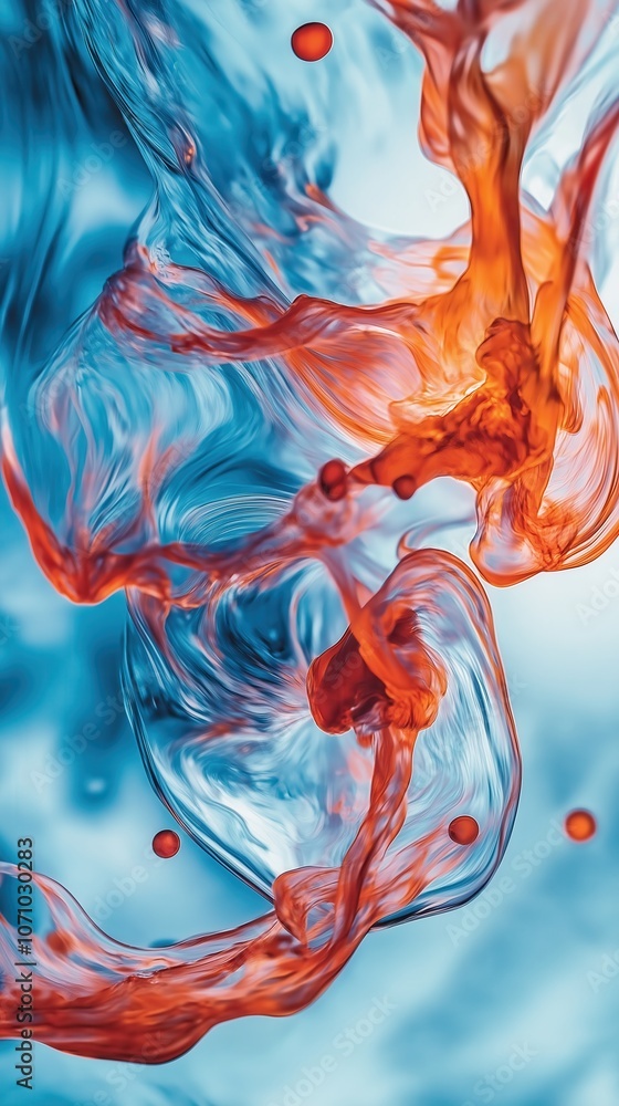 Obraz premium Dynamic swirls of vivid orange and blue ink in water highlighting fluidity and motion in abstract art concept with isolated color droplets