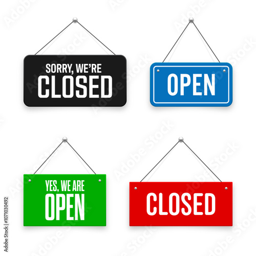 Realistic open or closed hanging signboards. Vintage door sign for cafe, restaurant, bar or retail store. Announcement banner, information signage for business or service. Vector illustration