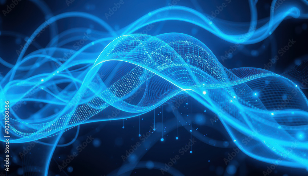 Futuristic blue waves with glowing particles create dynamic and vibrant atmosphere, representing advanced technology and quantum concepts Futuristic blue waves with glowing particles create dynamic and vibrant atmosphere, representing advanced technology and quantum concepts