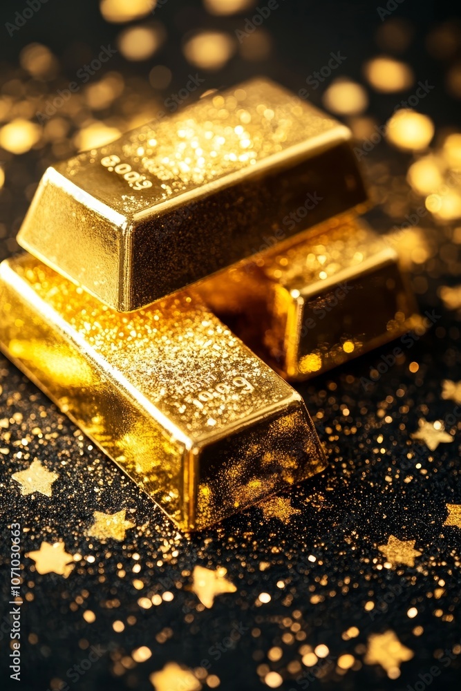 Shiny Gold Bars, a Symbol of Wealth and Prosperity, on Black Background with Golden Glitter Stars. Shiny Gold Bars, a Symbol of Wealth and Prosperity, on Black Background with Golden Glitter Stars.