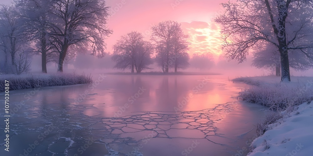 Naklejka premium A serene winter landscape featuring a frozen river with cracked ice, surrounded by frost-covered trees under a soft pink and purple sky at dawn.