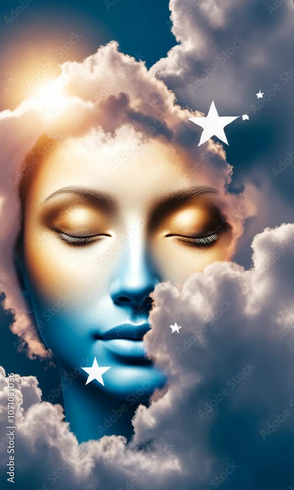 Mystic woman face in clouds. Godlike divine glow. Seamless loop motion background Mystic woman face in clouds. Godlike divine glow. Seamless loop motion background