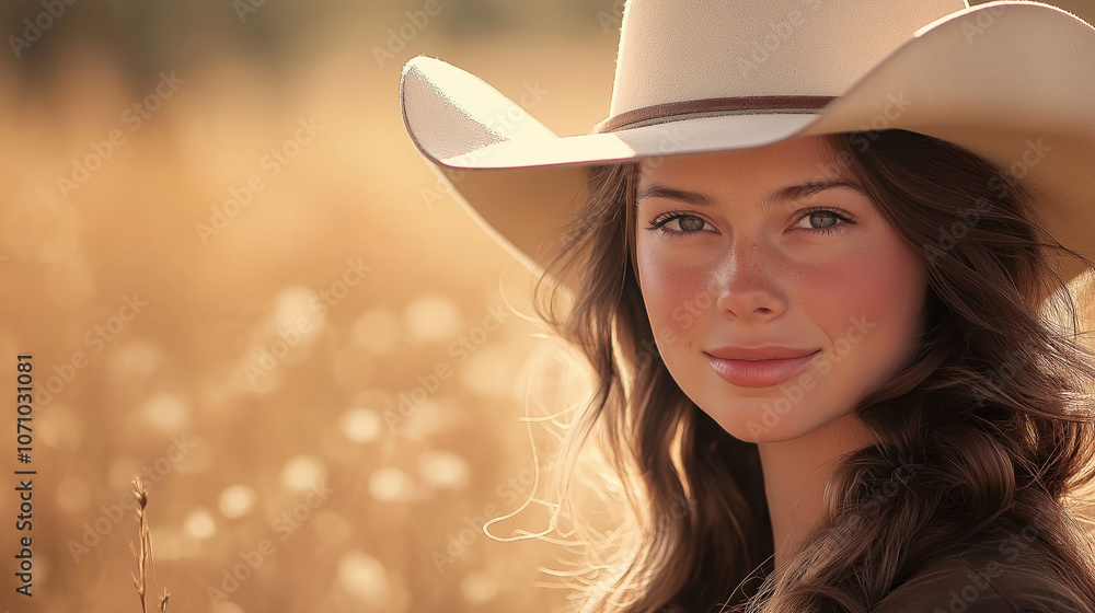 Cowgirl in a soft, natural light, wearing a wide-brimmed hat and a gentle smile, with the countryside as a blurred backdrop Cowgirl in a soft, natural light, wearing a wide-brimmed hat and a gentle smile, with the countryside as a blurred backdrop