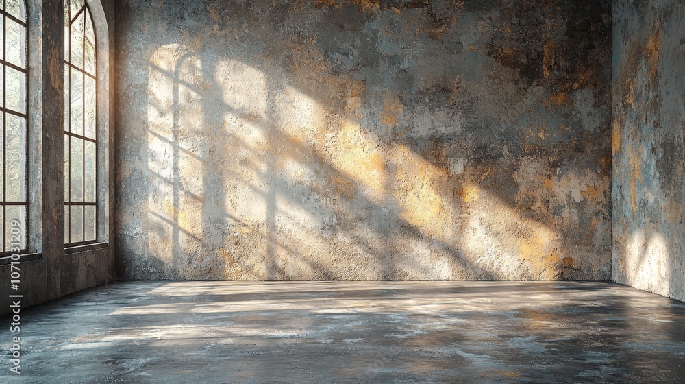 An empty room with large windows casting light on a textured wall and floor. An empty room with large windows casting light on a textured wall and floor.