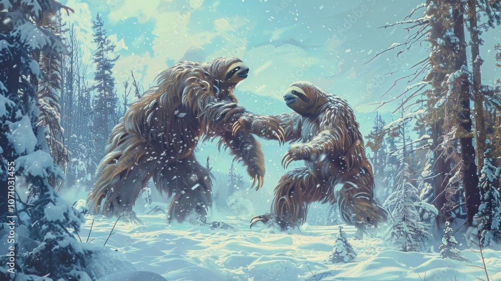 Obraz premium Giant Sloths in a Winter Wonderland