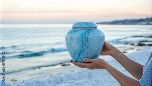 Fototapeta Naklejka Na Ścianę i Meble -  Female hands holding blue funeral urn against sea background