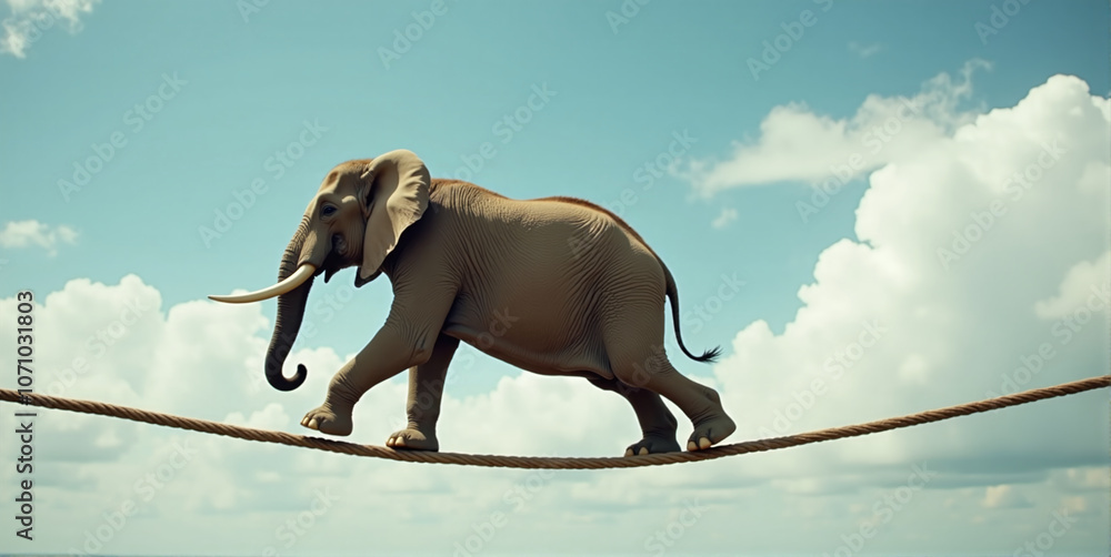 Obraz premium Big heavy elephant balancing on a rope, metaphorical concept about a difficult situation in life, tightrope act