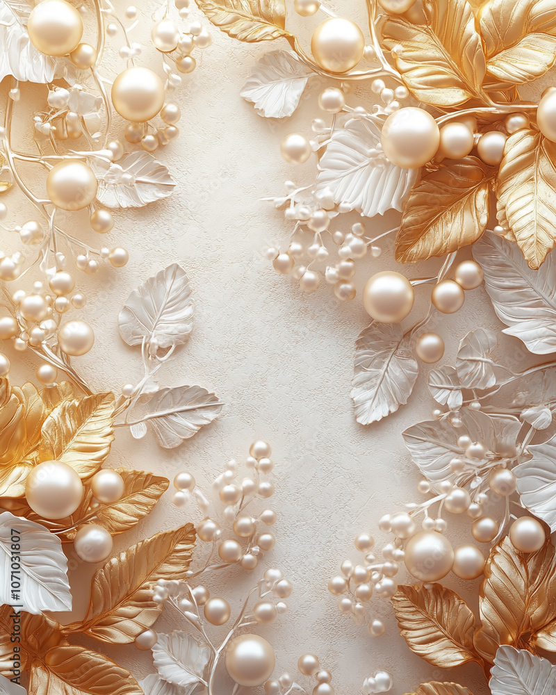 Golden and white leaves with pearl berries are arranged in a frame around a cream-colored background Golden and white leaves with pearl berries are arranged in a frame around a cream-colored background