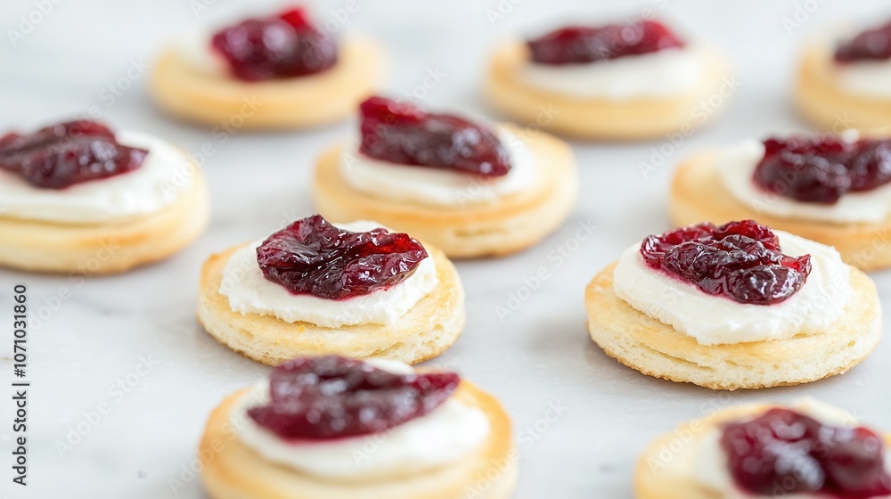 Small cookies with cream and jelly toppings on a white surface Small cookies with cream and jelly toppings on a white surface