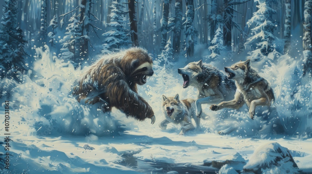 Obraz premium Giant Sloth vs. Wolves