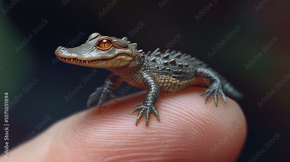 Fototapeta premium Tiny Crocodile Perched on a Finger with Intricate Details and Vivid Green Texture
