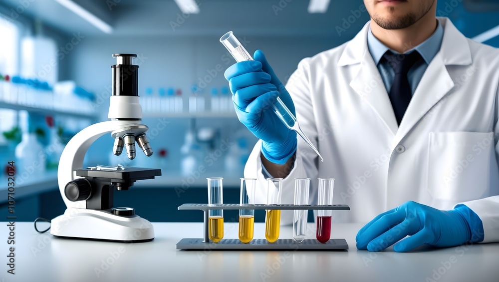 Fototapeta premium A male scientist in white lab coat and blue gloves is using an eyedropper to put liquid into test tubes on the table, close up shot of hands holding pipette