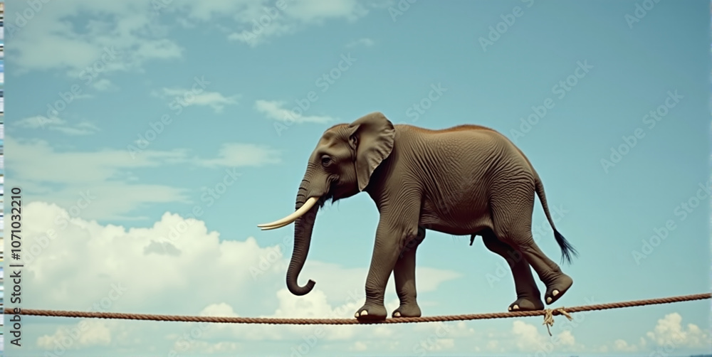 Obraz premium Big heavy elephant balancing on a rope, metaphorical concept about a difficult situation in life, tightrope act