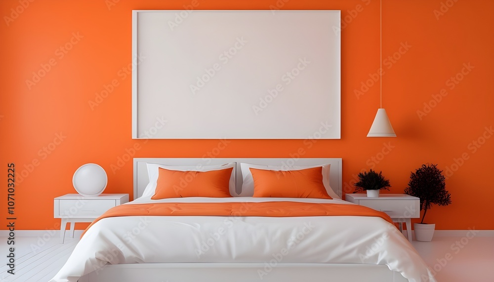 Image depicts a modern bedroom with a vibrant orange color scheme. The room features a neatly made bed with white and orange bedding, including two orange throw pillows. Image depicts a modern bedroom with a vibrant orange color scheme. The room features a neatly made bed with white and orange bedding, including two orange throw pillows.