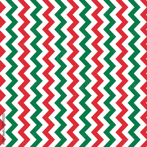 zig zag pattern, white, red and green zigzag vertical stripes, seamless design for postcards, wrapping paper, curtains, tablecloths or bedding, Christmas vector background