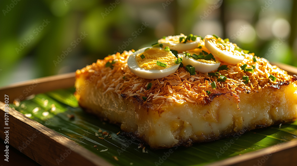 Bibingka topped with sliced eggs and cheese on banana leaf Bibingka topped with sliced eggs and cheese on banana leaf
