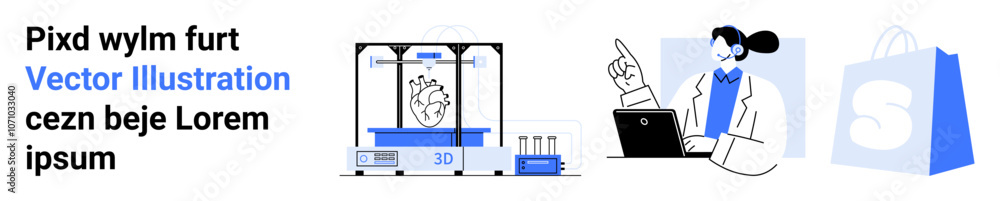 Depiction of a 3D printer creating a heart model scientist pointing at a laptop and, shopping bags Ideal for medical technology innovation scientific research online education e-commerce platforms Depiction of a 3D printer creating a heart model scientist pointing at a laptop and, shopping bags Ideal for medical technology innovation scientific research online education e-commerce platforms