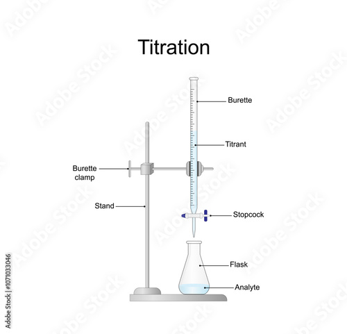 Titration procedure. Titrant in a burette and analyte in a conical flask, scientific experiment in the laboratory. Scientific vector illustration.	
