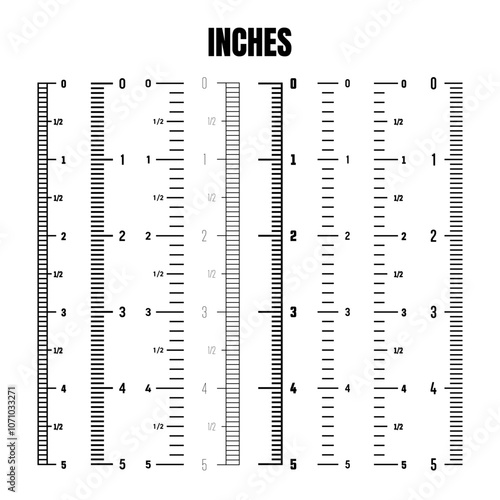 Vertical inch scale for measuring length or height. Various measurement scales with divisions. Ruler, tape measure marks, size indicators. Vector illustration